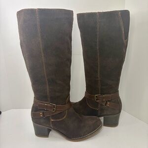 Bjorndal Piper Chocolate Brown Suede Buckle Heeled Knee High Boots Size 9